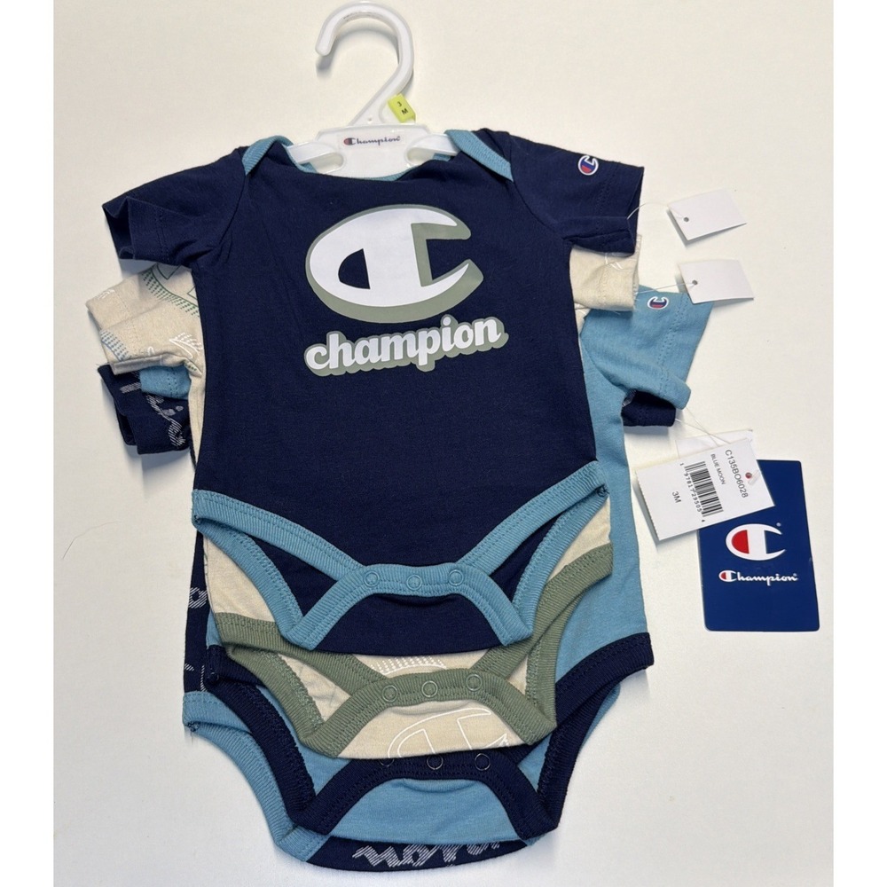 NWT 4 Pc Champion Baby Boy Bodysuit Set 3M Blue Moon Green Multicolors Logo